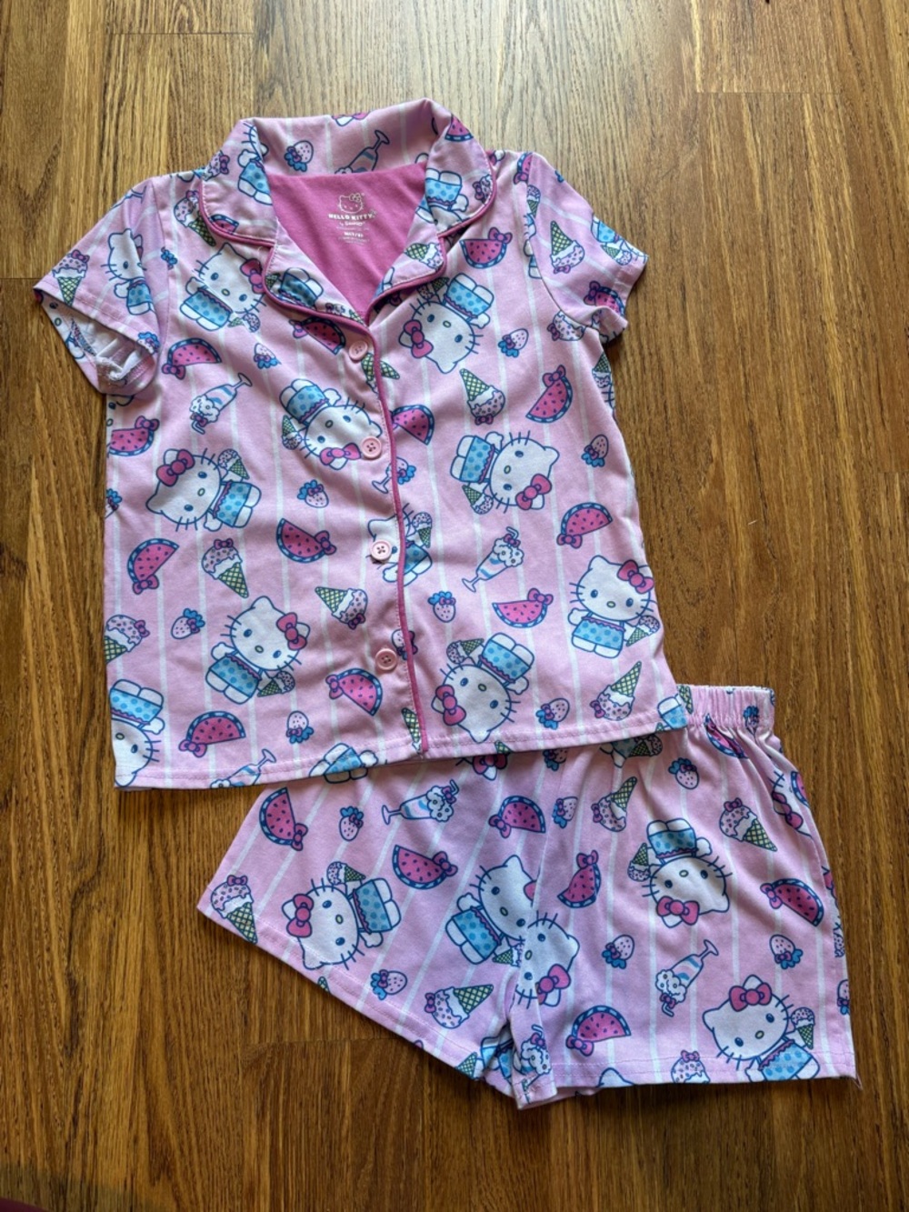 Hello Kitty Pink Short-Sleeve Pajama Set with Ice Cream & Watermelon Print 7-8